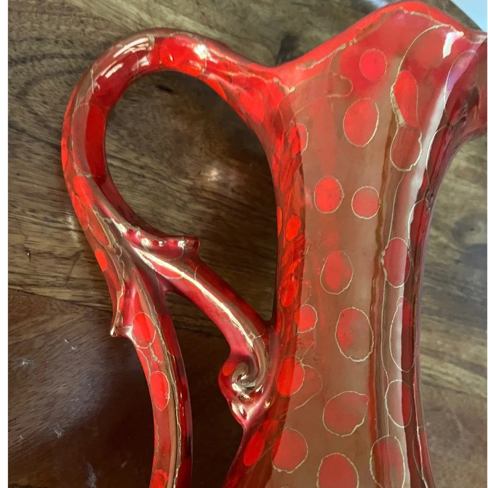 Vintage‎ Bold Red and Gold Vase Pitcher Ewer 1981 MCM vibe signd